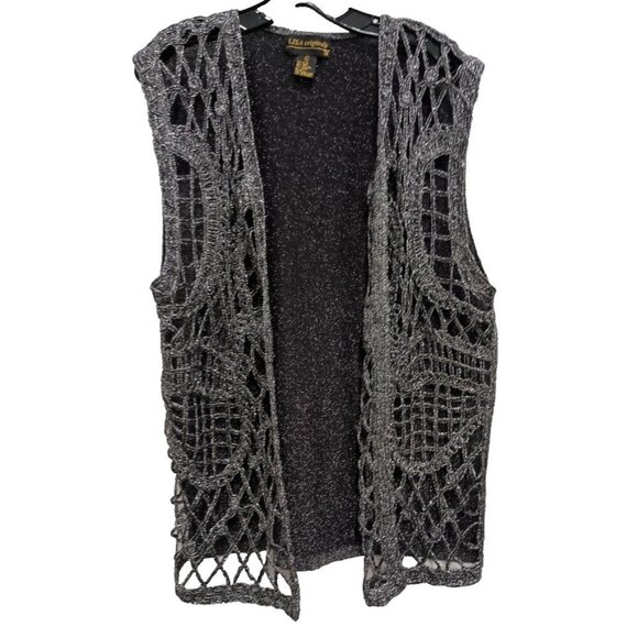 Lisa Originals Womens Cardigan Size Large Black Metallic Open Crochet Long Vest - Picture 1 of 7